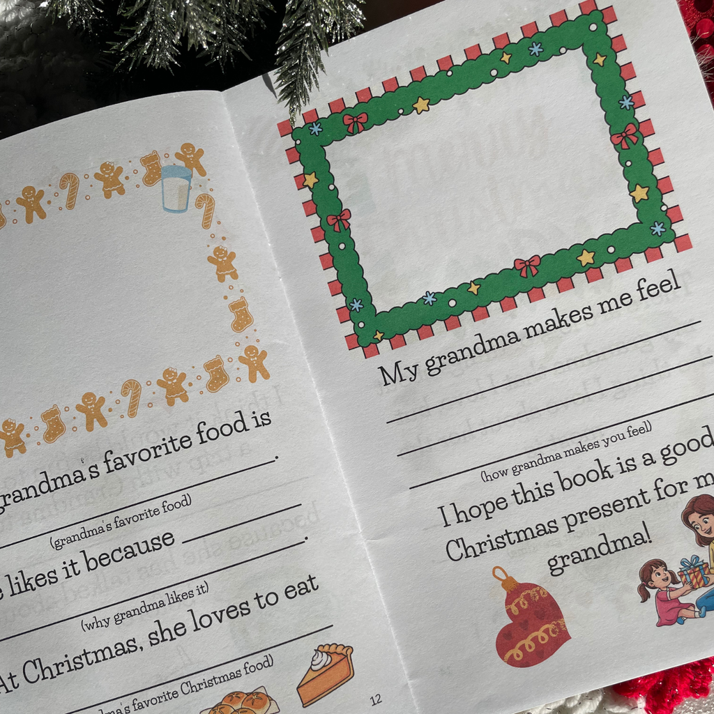 'Merry Christmas Grandma' book interior pages with festive illustrations on a background with Christmas tree and stocking