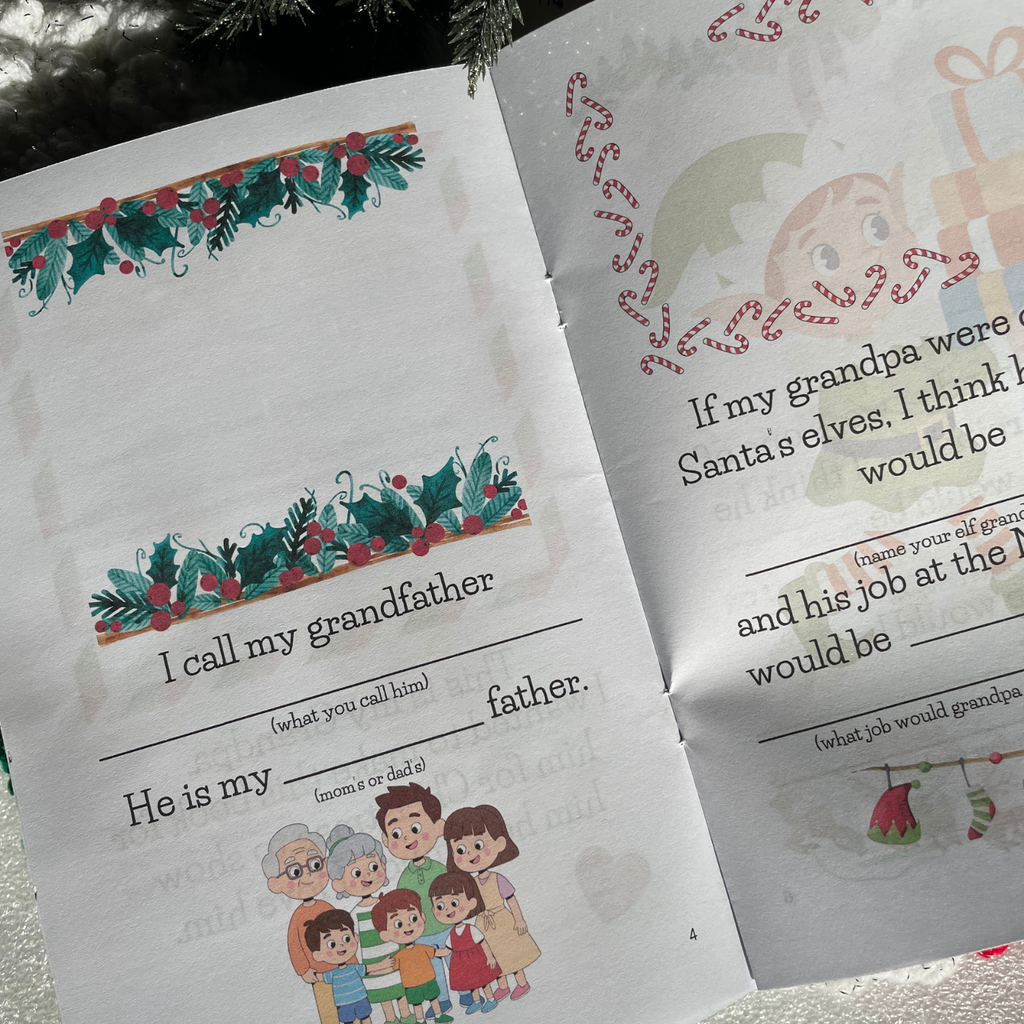 'Merry Christmas Grandpa' book interior pages with festive illustrations on a background with snow, Christmas tree, and stocking