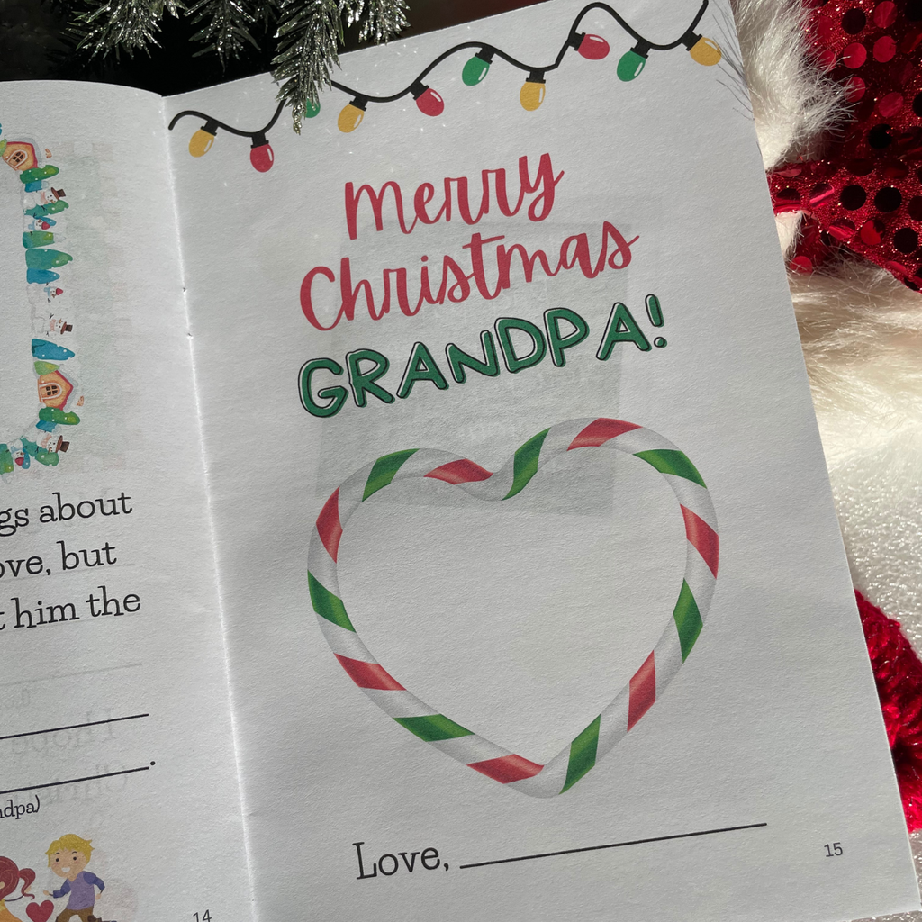 'Merry Christmas Grandpa' book interior page with festive illustrations on a background with snow, Christmas tree, and stocking