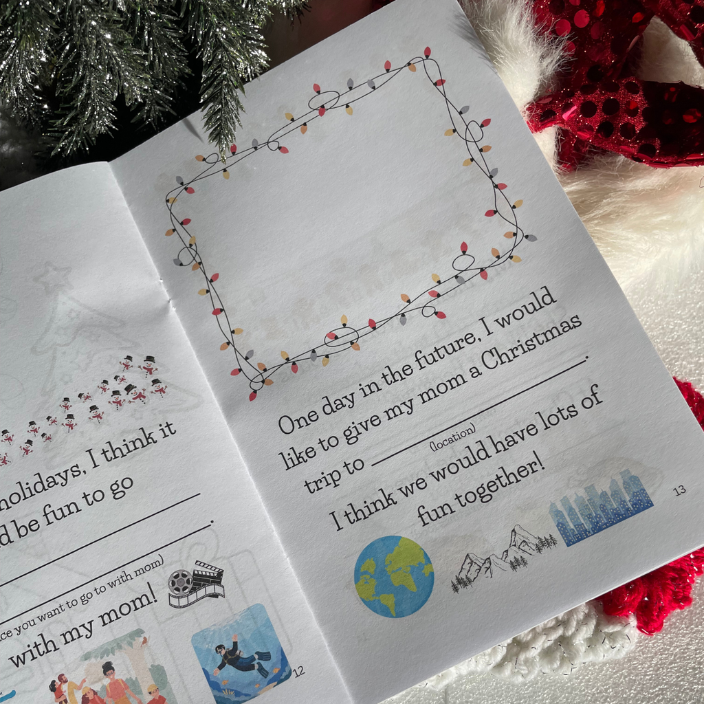 'Merry Christmas Mom' book interior pages with festive illustrations on a background with snow, Christmas tree, presents and stocking