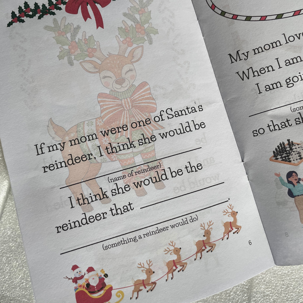 'Merry Christmas Mom' book interior pages with festive illustrations on a background with snow