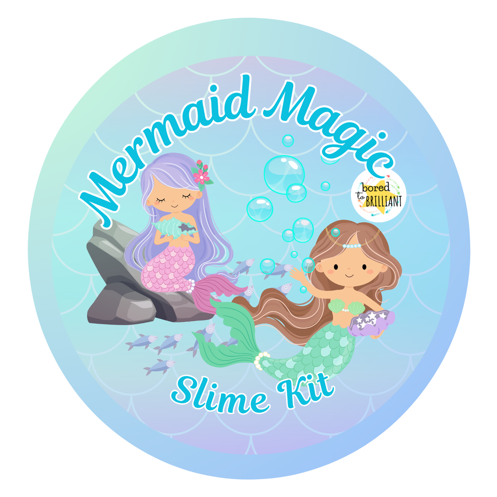 Mermaid Magic Slime Kit Label with mermaids and bubbles on a blue and green gradient background.