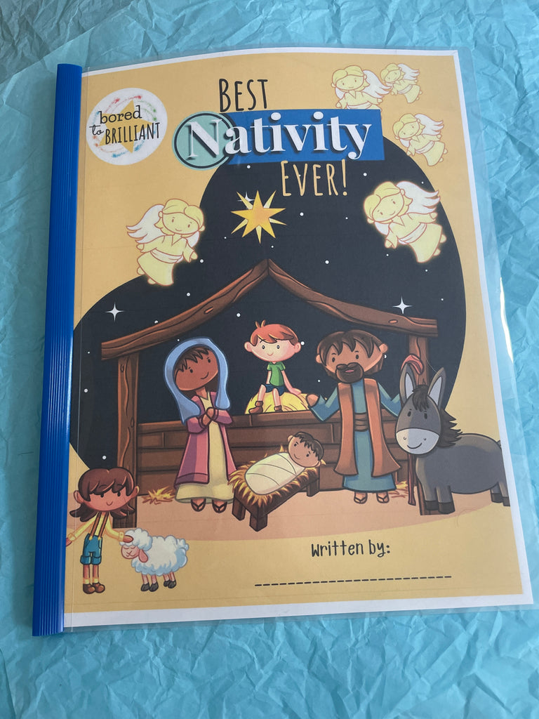 Book cover of 'Best Nativity Ever!' with illustrations of a nativity scene on a blue textured background.