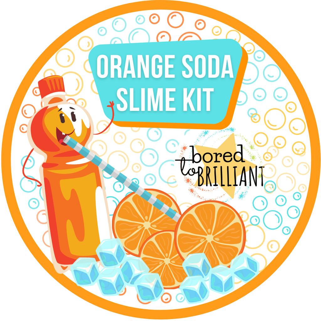 orange soda diy slime kit for kids label with an orange soda drinking from a blue straw and 3 slices of oranges from the slime