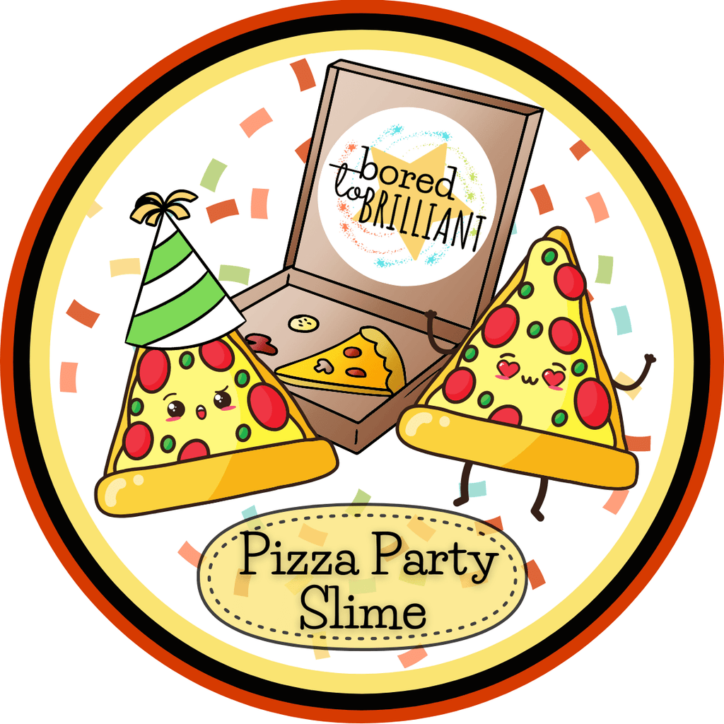 pizza party slime kit for kids label that has pizza with faces and a box of pizza to signify that it smells like pizza in this kit