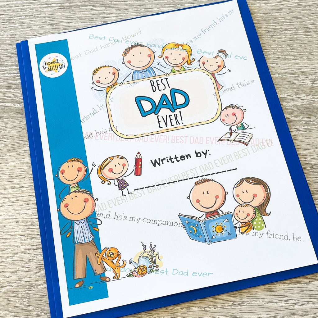 Best Dad Ever Digital Download Cover in Blue Folder With Clear Cover on Wood Table Background