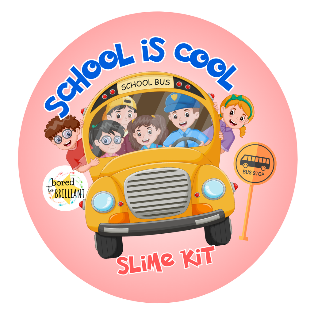 School Is Cool Slime Kit Label Showing Kids in School Bus