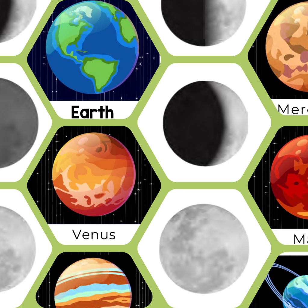 planets and moon phases, colorful