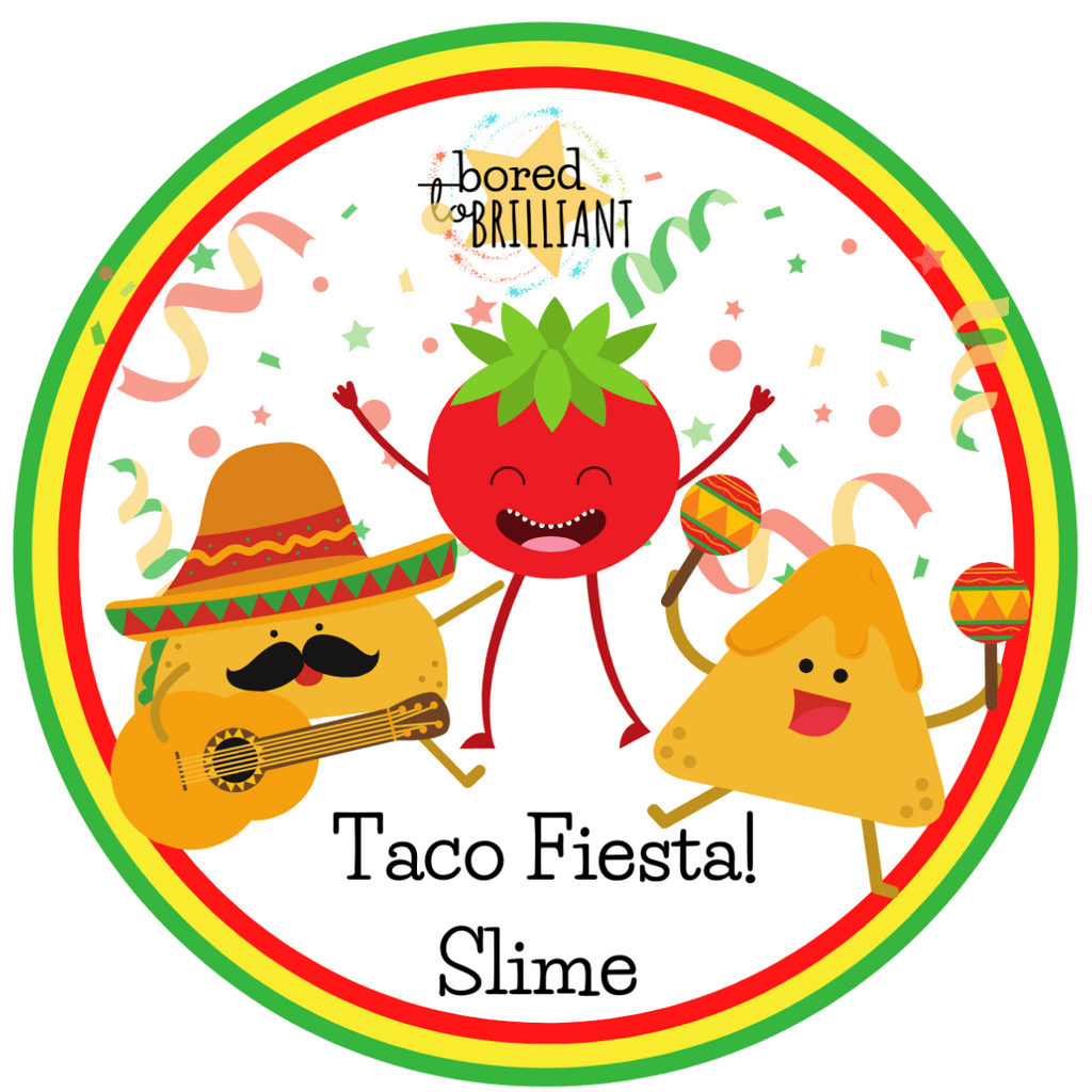taco slime kit for cinco de mayo taco fiesta label with smiling and dancing chips and tomato looking like they are partying playing guitar