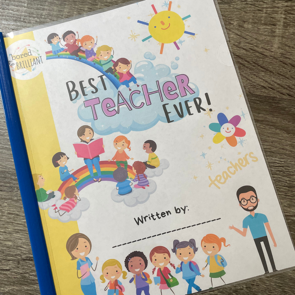 Best Teacher Ever Digital Download Cover in Blue Folder With Clear Cover on Wood Table Background