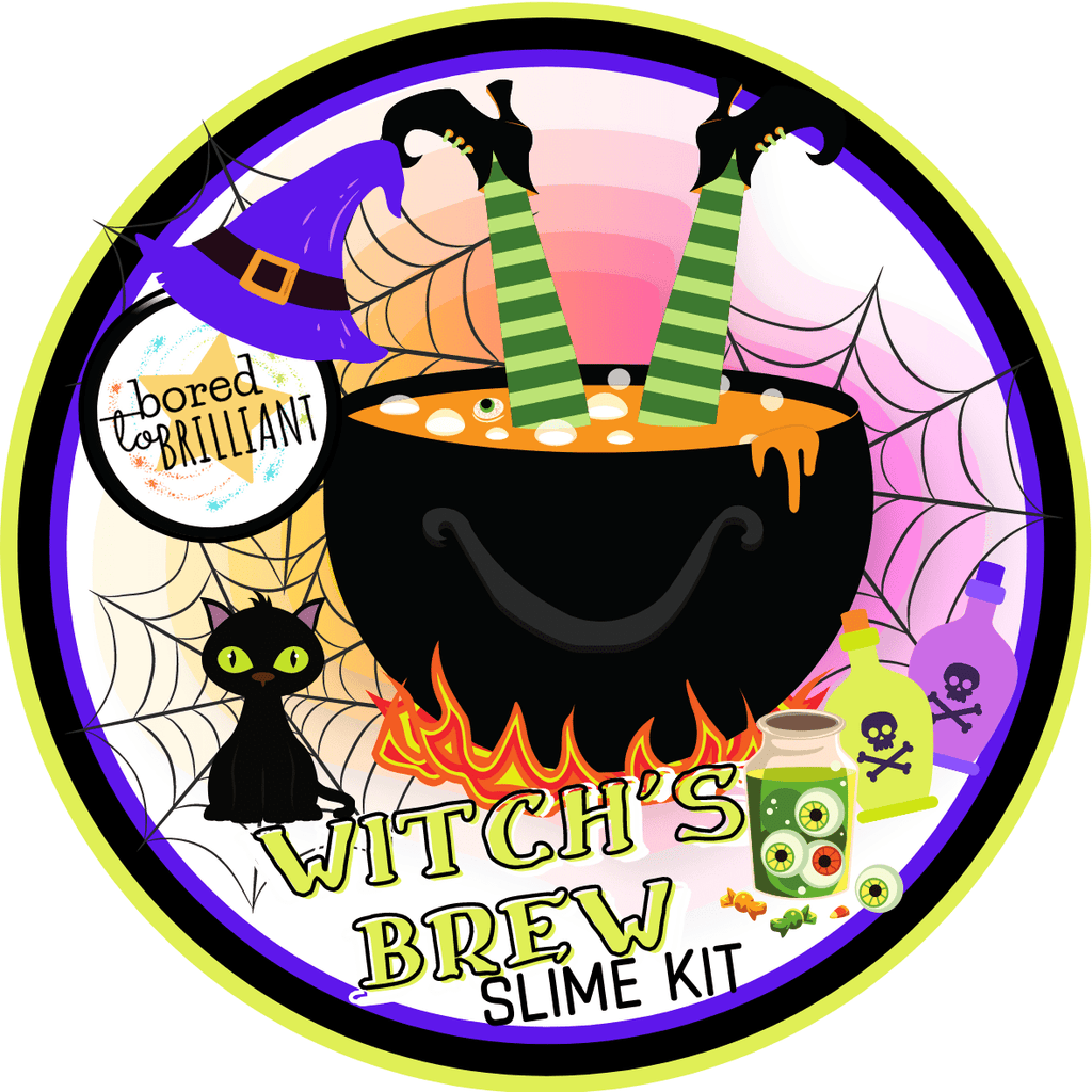 colorful label for halloween slime kit called withes brew. the label has a coldren with two witches legs sticking out with green stockings, a black cat against a spider web, a jar of eyeballs, and skull and crossbone bottles in this slime