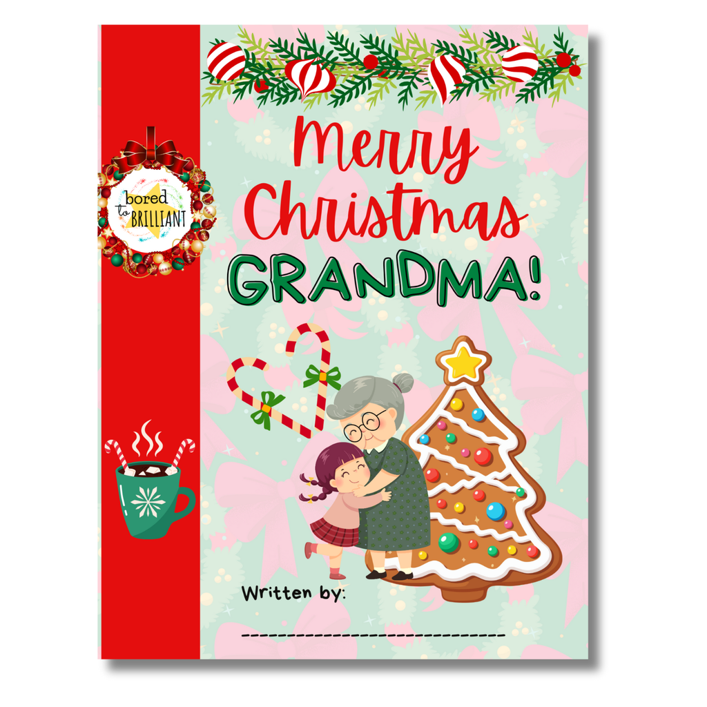 Book cover with a Christmas design featuring an elderly woman and a child, with title 'Merry Christmas Grandma!'.