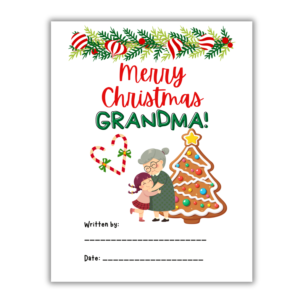 'Merry Christmas Grandma' book interior page with festive illustrations 
