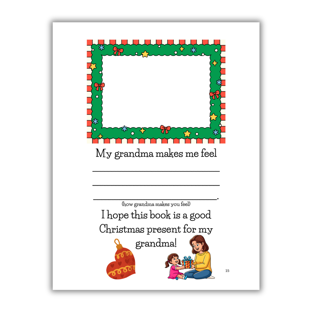 'Merry Christmas Grandma' book interior page with festive illustrations 
