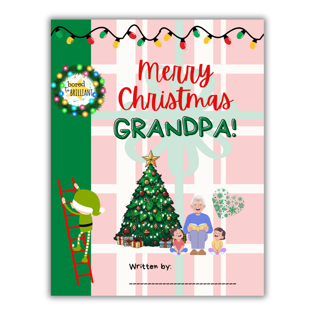 Book cover for 'Merry Christmas Grandpa!' with a Christmas tree, elf, and family on a plaid background.