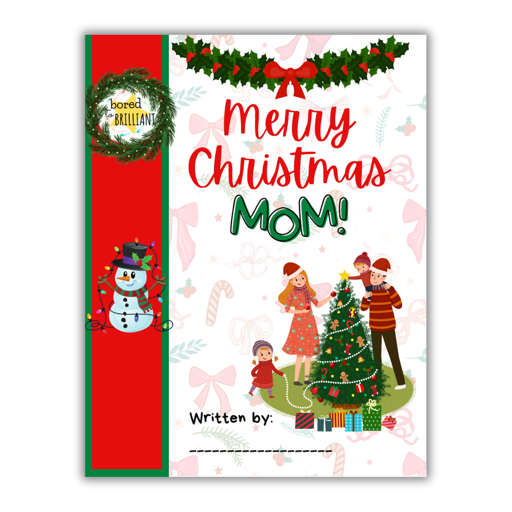 Book cover with Christmas theme featuring a family around a tree and title 'Merry Christmas Mom!'.