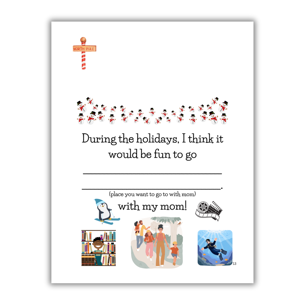 'Merry Christmas Mom' book interior page with festive illustrations