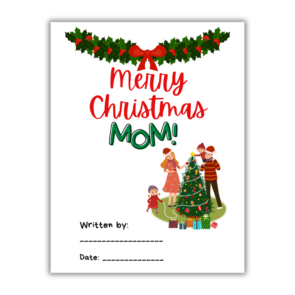 'Merry Christmas Mom' book interior page with festive illustrations
