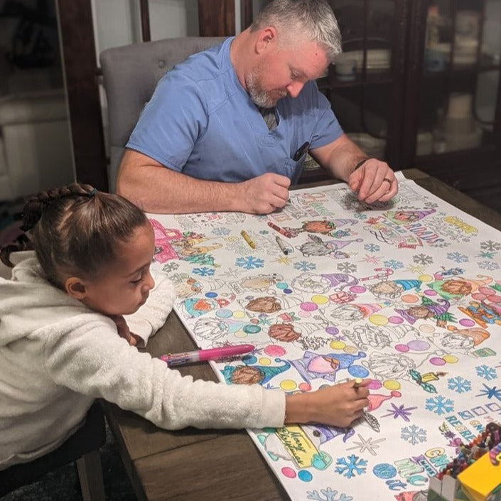 dad and daughter coloring on an extra large coloring page with gnomes on it.