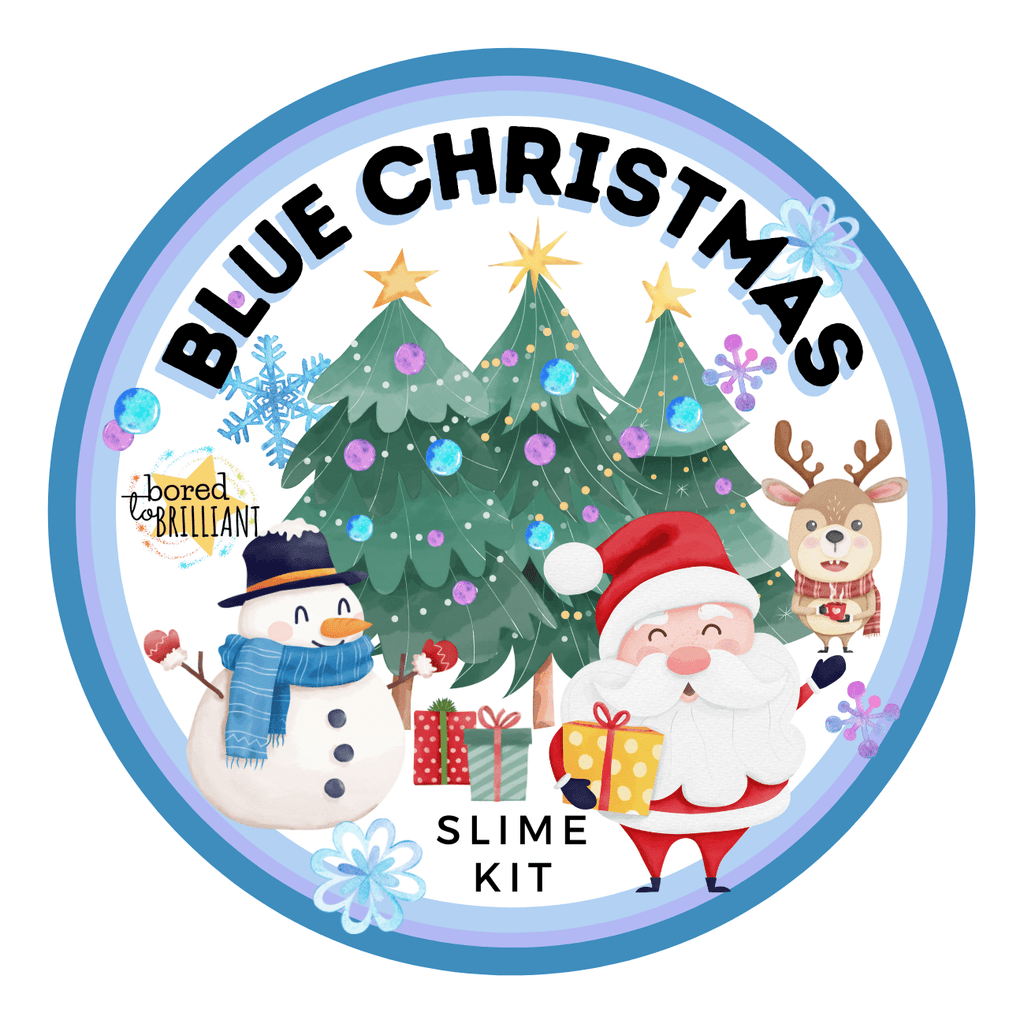 blue Christmas Slime Kit for label with santa, frosty, rudolph and Christmas trees