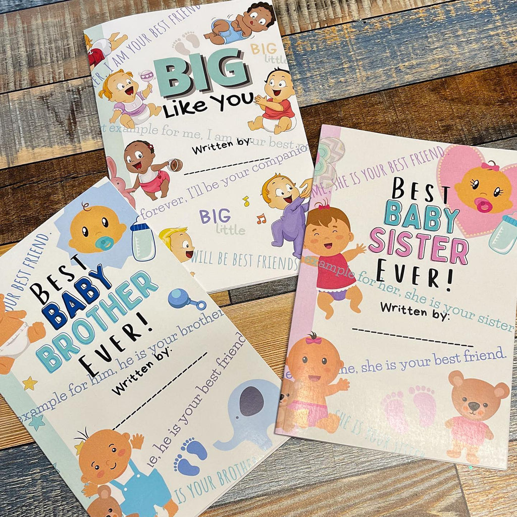 three kids books on a table, big like you, best sister ever, best brother ever