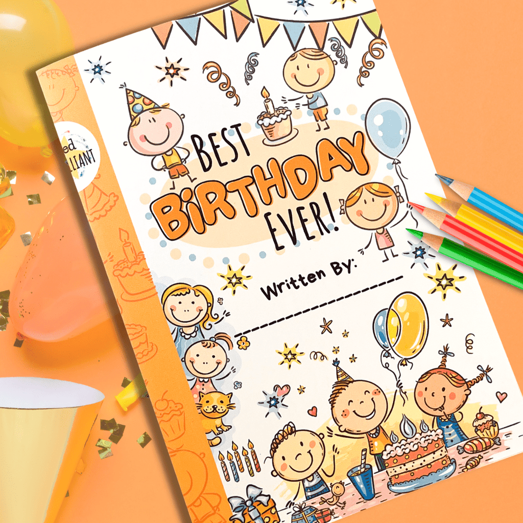 best birthday ever kids book for boys on an orange backdrop with coloring pencils and balloons