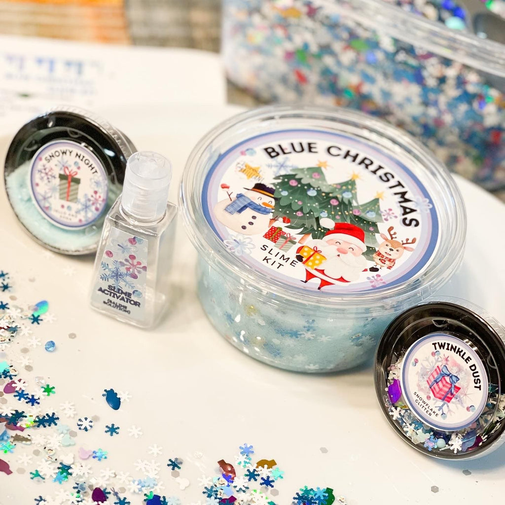 blue Christmas Slime Kit for kids ingrediants in containers with confetti