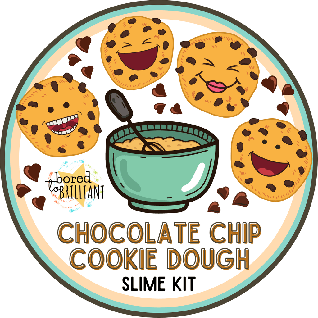 Cookie Dough Slime diy kit label with cookies happily eating chocolate hearts