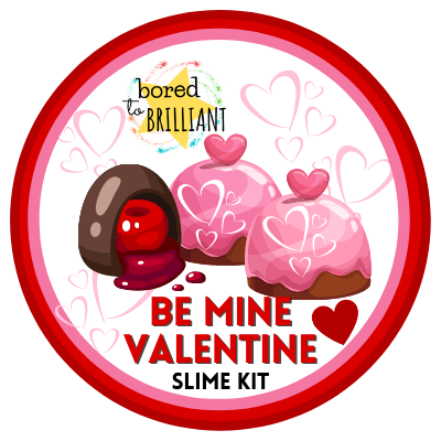 Chocolate Cherry Slime Kit for kids, label that shows chocolate covered cherries, be my valentine DIY slime