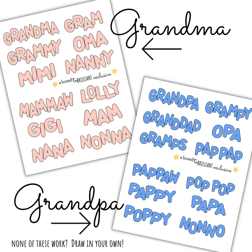 sticker showing different names of grandpa that can be put onto the best grandpa ever book