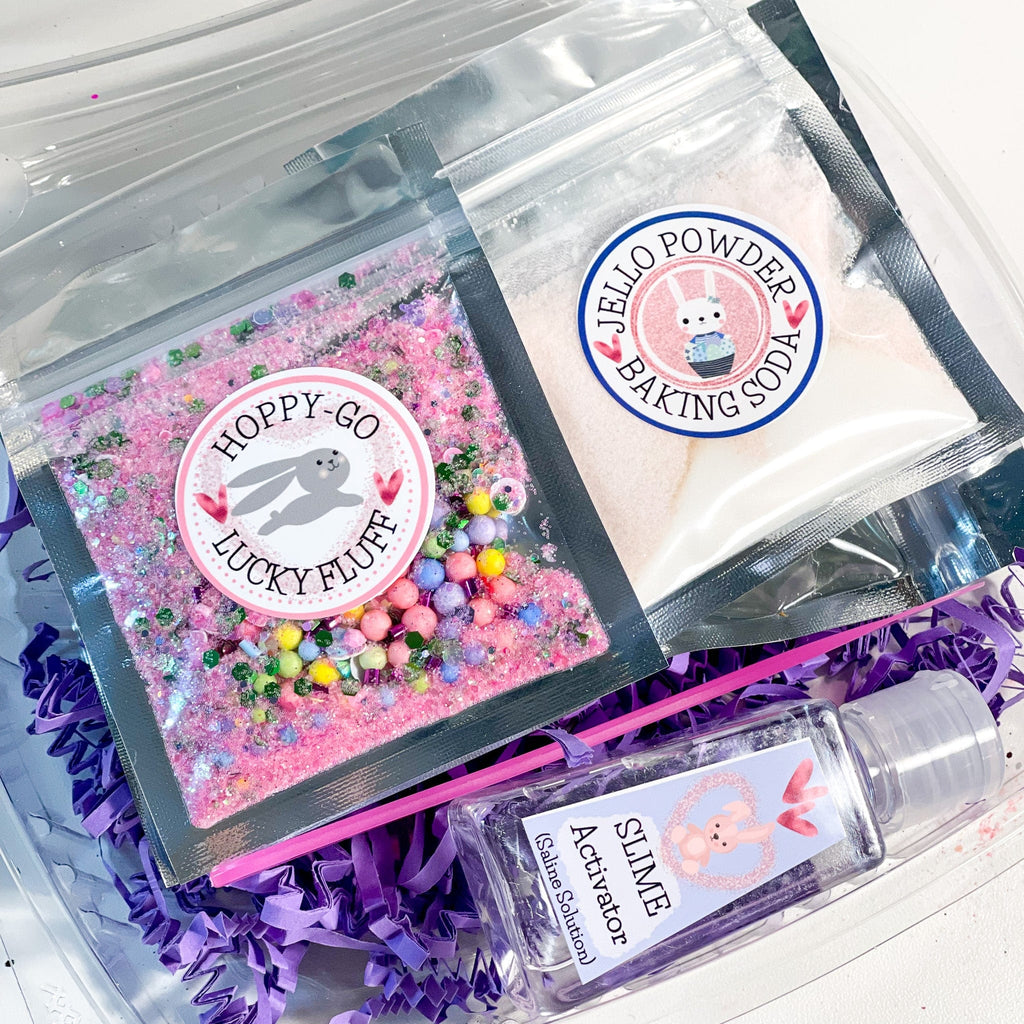 easter Slime Kit for kids packages of ingredients, pictures of bunny rabbits on the packaging