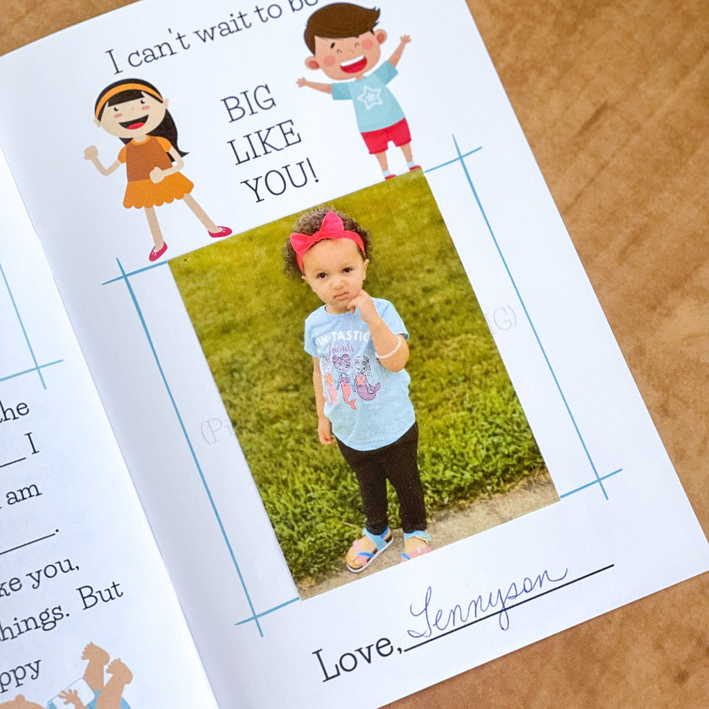 big like you book by kids inner page showing a photo of a little girl as she personalized the book for her sibling