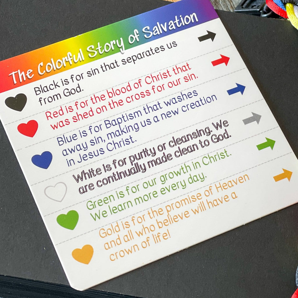 colorful story of salvation card 3.5" square with rounded corners. Scriptures to tell what each color stands for such as black is for sin, red is for the shed blood, etc.