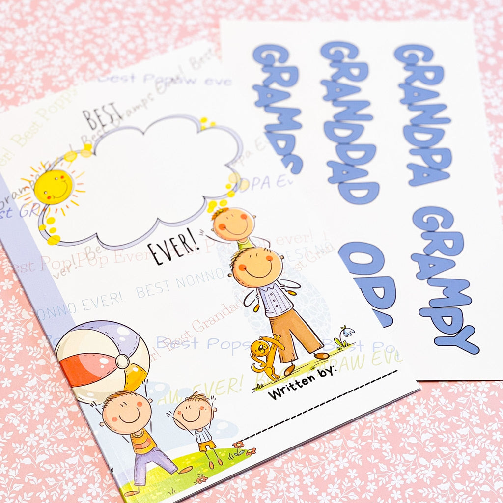 best grandpa ever book and stickers on a pink backdrop
