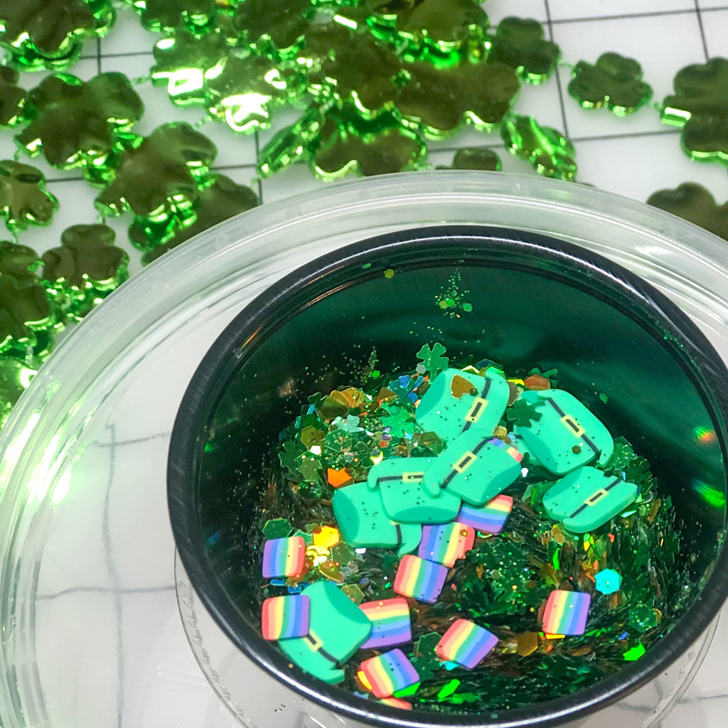 slime kit ingredients, leprechaun hats, confetti, inserts for slime