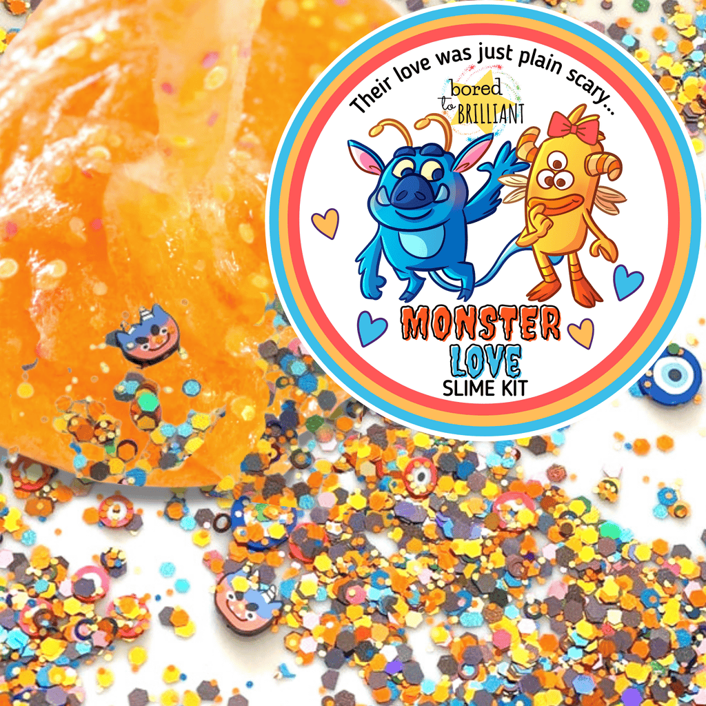 orange slime kit for kids with confetti and other inserts for making diy monster halloween slime kit with a logo that has two monsters one blue and one orange