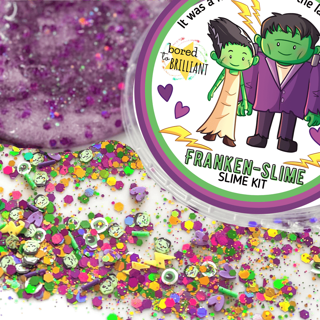 Halloween SLIME KIT, purple slime,  Frankenstein and his bride cover, slime, monster confetti with various colors
