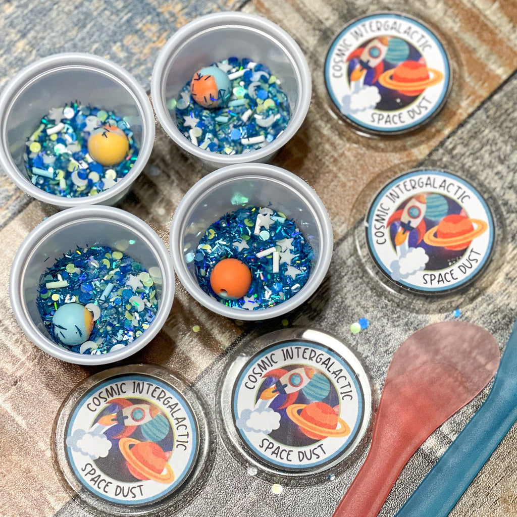 cosmic space dust for glow in the dark Slime Kit, small containers of glitter and other inserts  