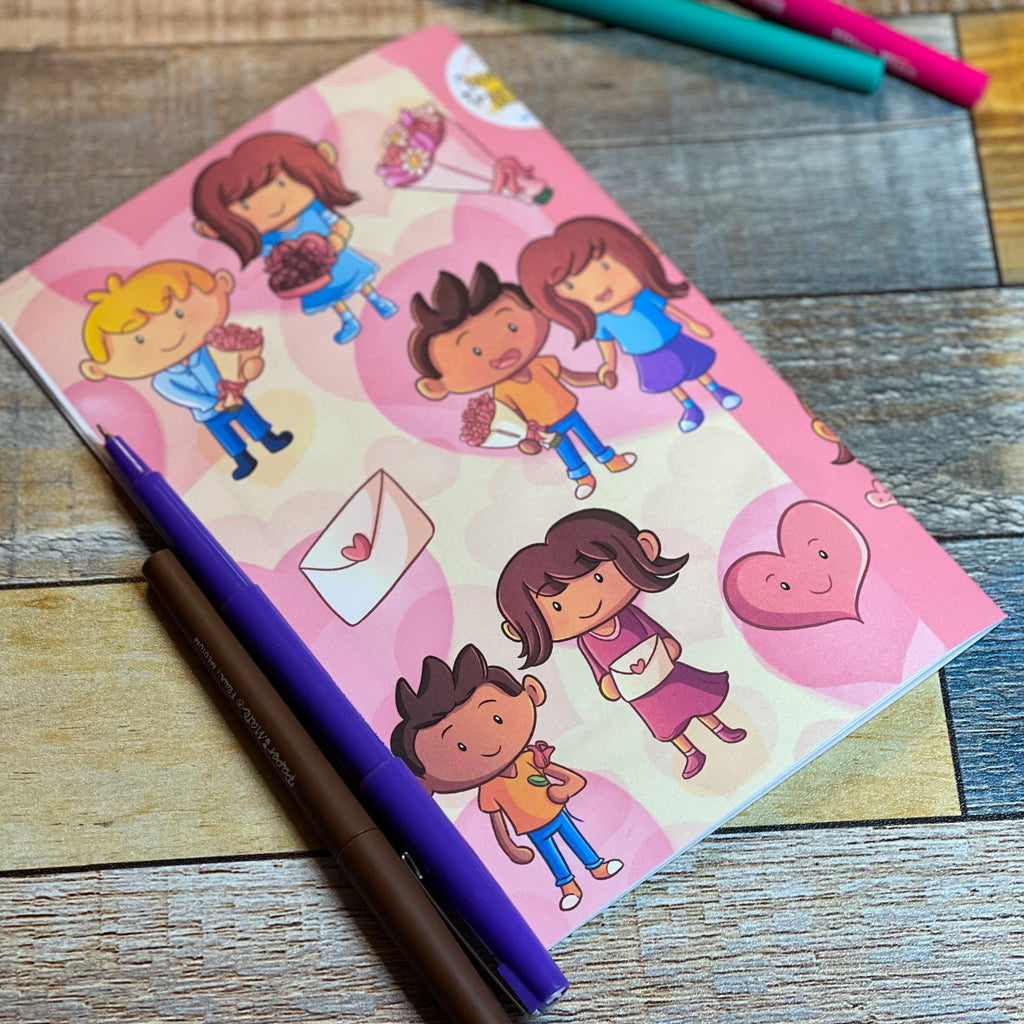 Best Valentine Ever Book back cover on a table with colored pens